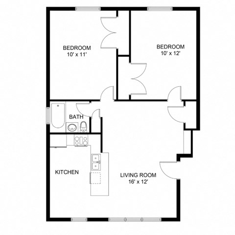 Floor plan for 2 beds, 1 bath, 700 sqft